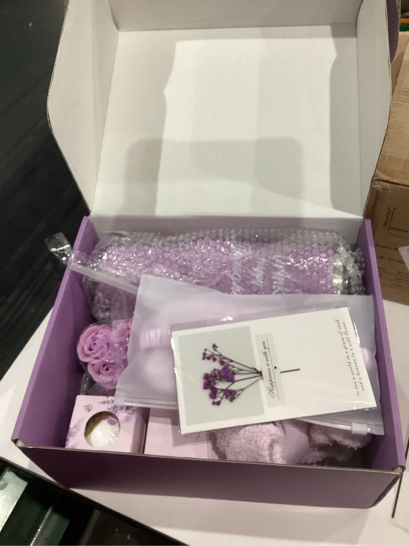 Condition photo showing item condition for Birthday Gifts for Women Self Care Gifts Get Well Soon Gifts, Valentines Day Spa Gift Baskets w/Flannel Blanket 40 OZ Tumbler Care Package for Mom Girlfriend Wife Sister Best Friend Her Daughter Lavender