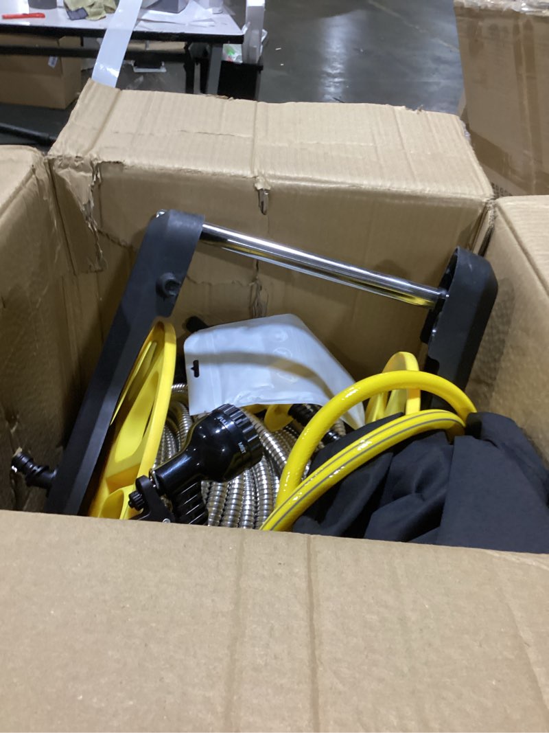 Condition photo showing As Is for retractable garden hose reel, heavy duty stainless steel water hose,male to female fittings, easy to use and store, strong and sturdy, suitable for yard and lawn (100ft)