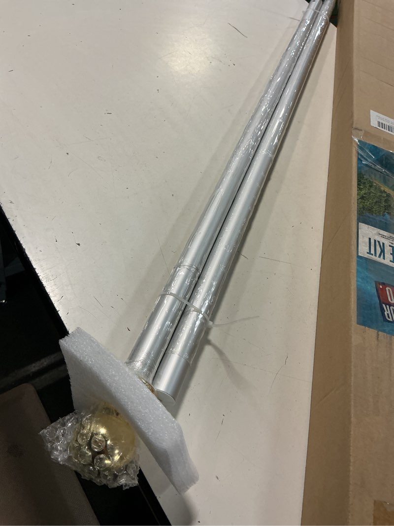 Condition photo showing New/Like New for heavy-duty 6 ft flag pole kit with gold ball topper, aluminum tangle-free spinning rings and bracket: wind resistant and rust-free 1in diameter flagpole set for house, porch