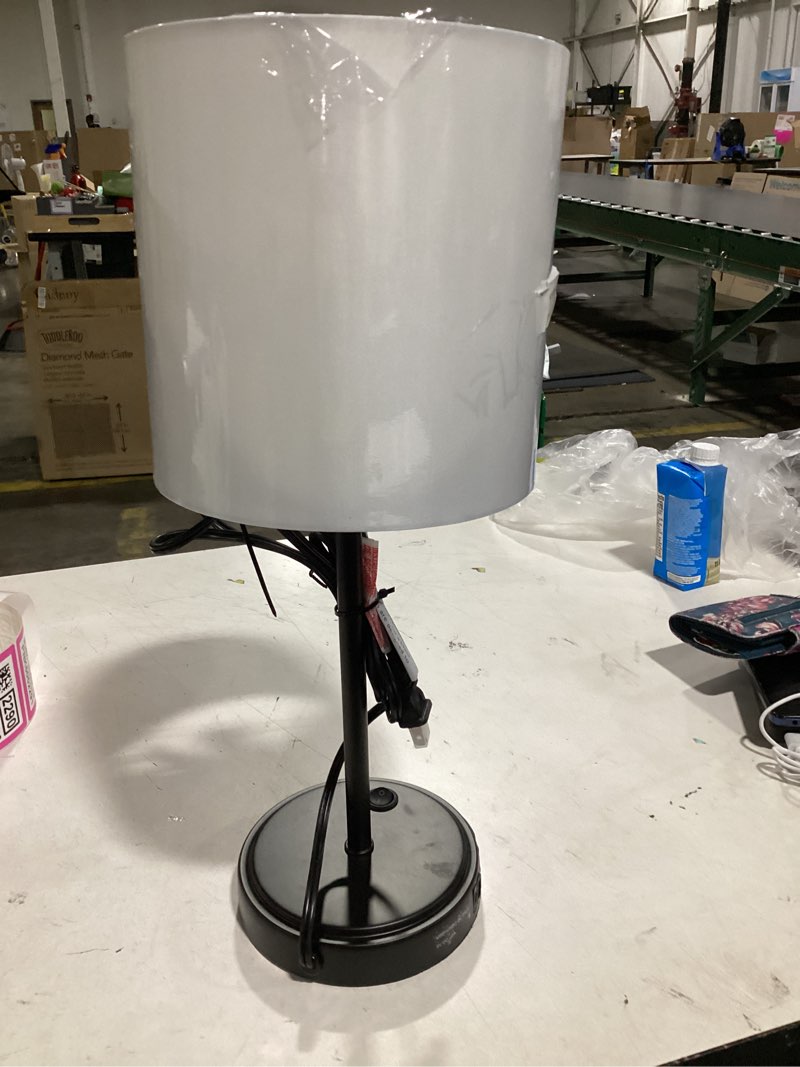 Condition photo showing Good Condition for modern black stick table lamp with white fabric shade and usb port