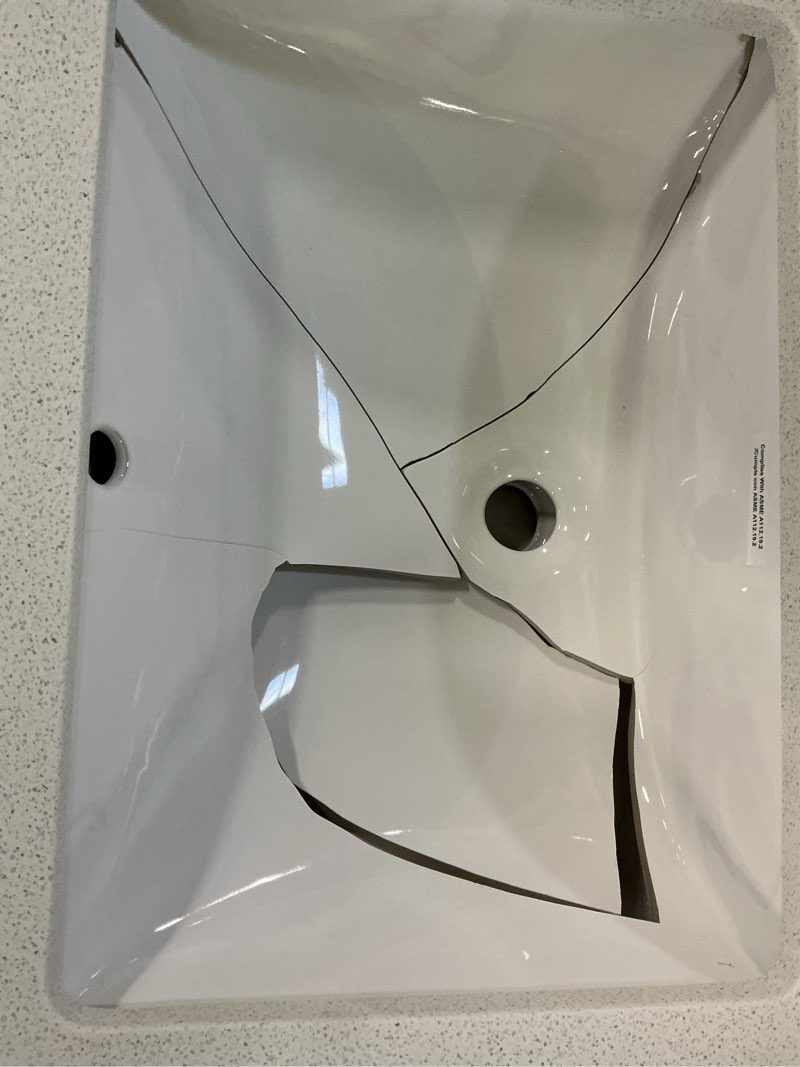 Condition photo showing As Is for (Sink Broken). Bestview Meridian White White/Polished Engineered Marble Undermount Single Sink Bathroom Vanity Top (Common: 49-in x 22-in; Actual: 49-in x 22-in)