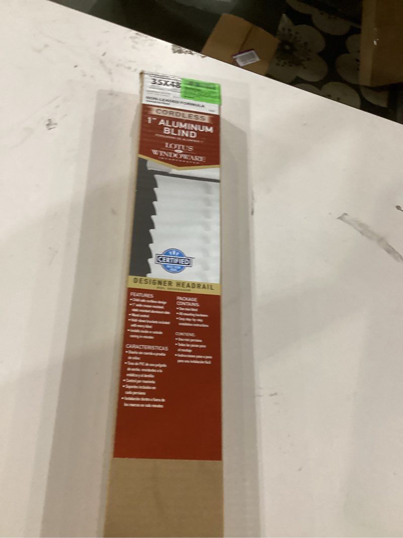 Condition photo showing New/Like New for LOTUS & WINDOWARE Cordless 1" Aluminum Mini Blind 35" Wide x 48" Long, Alabaster, Room Darkening Met