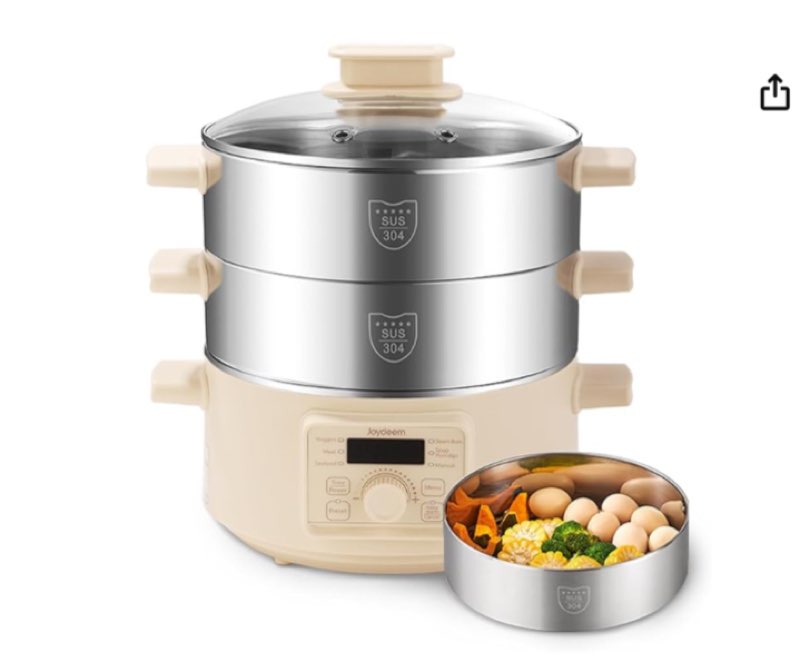 joydeem electric food steamer for cooking, 2-tier stainless steel vegetable and food steamer, large 13l/13.7 quart capacity, dzg-a100