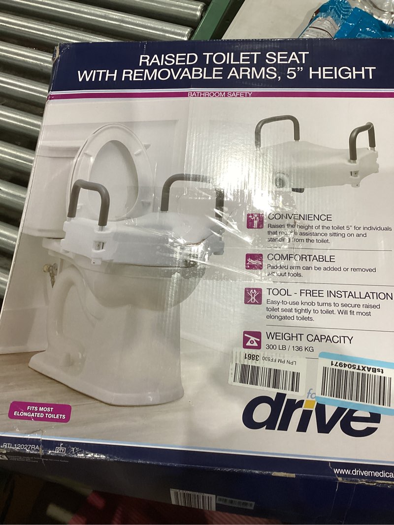 Condition photo showing Good Condition for Drive Medical 2-in-1 Raised Toilet Seat with Removable Padded Arms - Elevated Bathroom Safety Support - Secure Locking Attachment - Easy Height Assistance - Durable Plastic Construction Standard