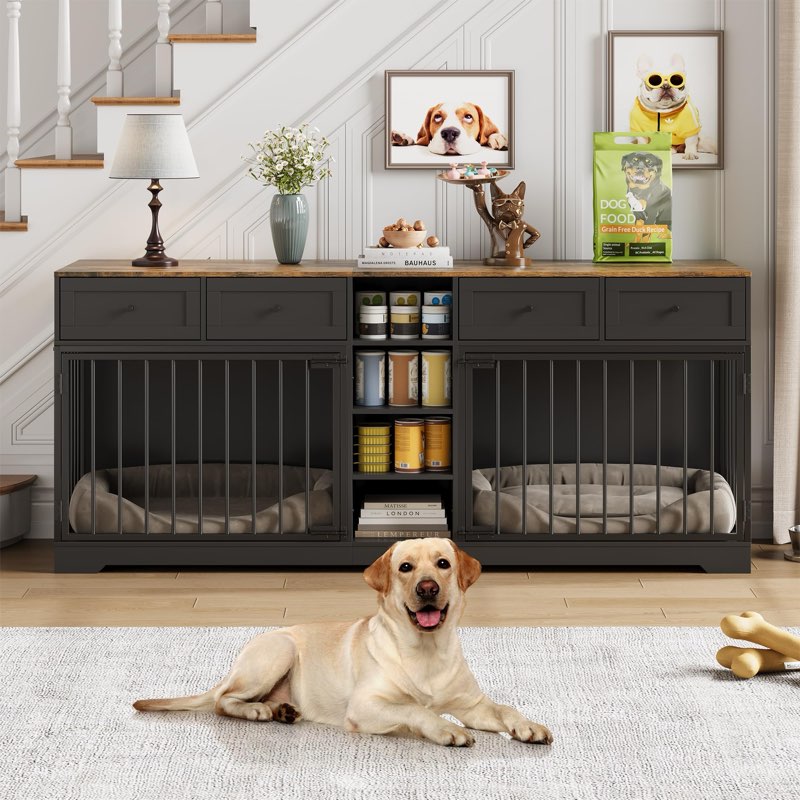 garveehome 82” double dog crate furniture, large dog kennel indoor for 2 dogs, heavy duty wooden dog
