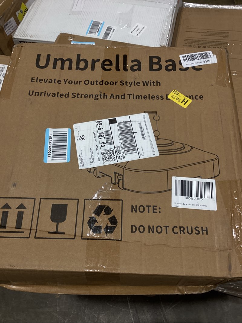 Condition photo showing Good Condition for umbrella base with wheels, umbrella stand base heavy duty 100lb windproof, fillable umbrella base mobile square umbrella stand outdoor base for patio, deck, poolside, lawn, fits most sized umbrellas large black