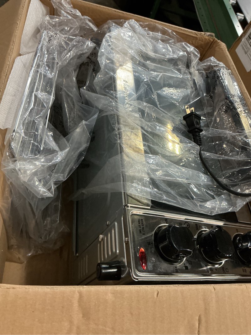 Condition photo showing As Is for hamilton beach sure-crisp air fryer toaster oven combo, fits 9” pizza, 4 slice capacity, powerful circulation, auto shutoff, stainless steel (31403)