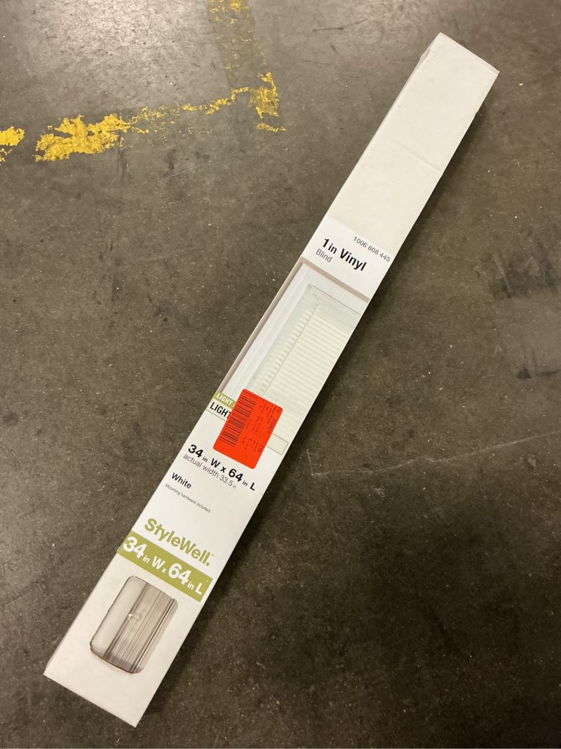 Condition photo showing New/Like New for pre-cut 34 in. w x 64 in. l cordless light filtering white vinyl mini blind with 1 in. slats