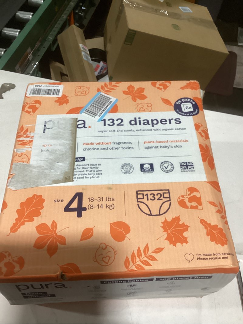 Condition photo showing As Is for pura sensitive skin baby diapers | size 4 (18-31 lbs) | hypoallergenic, totally chlorine free, fragrance free, up to 12-hour leak protection | 6 packs of 22 (132 diapers)