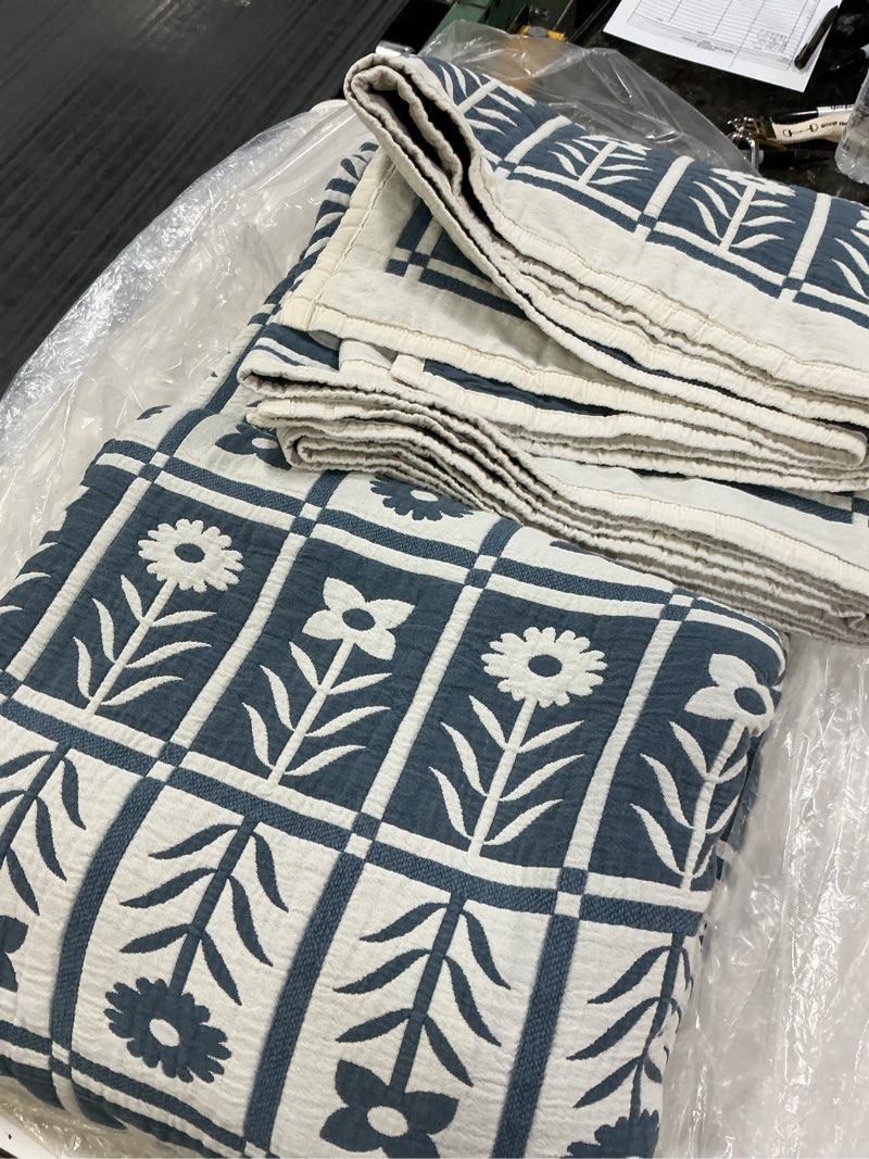 Condition photo showing As Is for organic cotton jacquard floral coverlet king/calking 