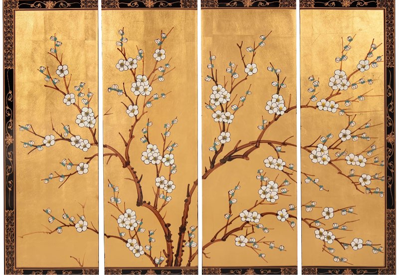 Red Lantern Artisan Crafted Gold Lacquer Wall Plaque - Cherry Blossom