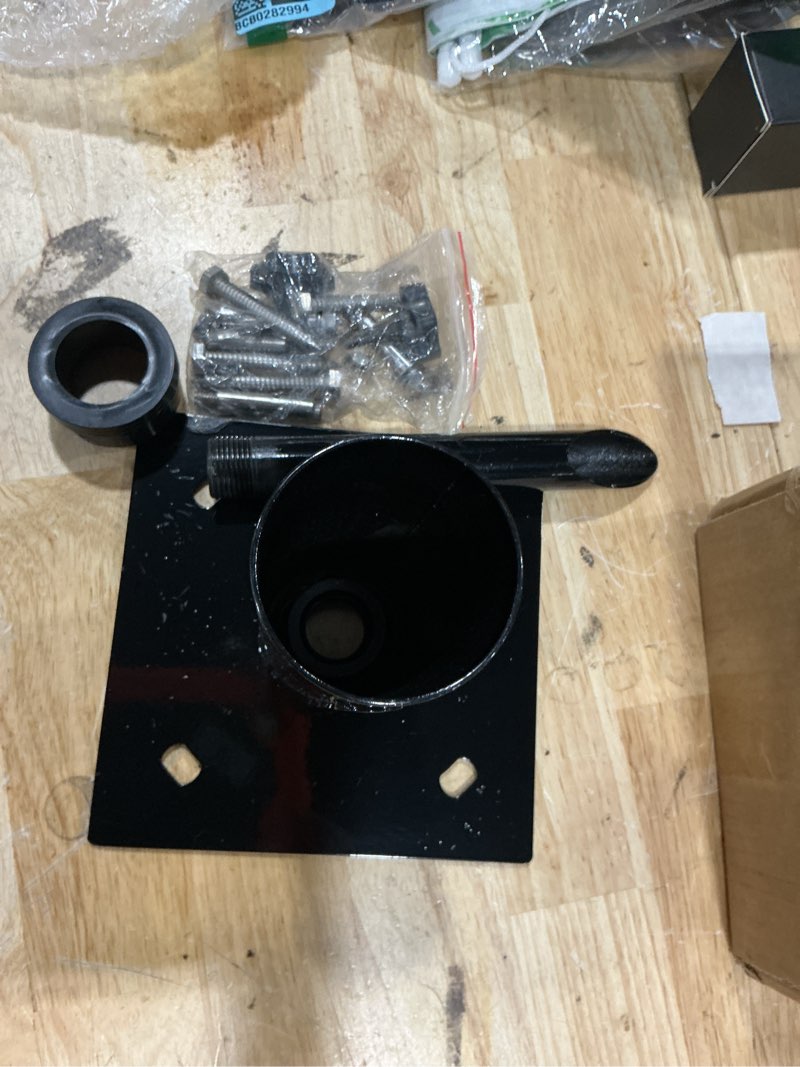 Condition photo showing As Is for fence pole floor flange,black metal fence post