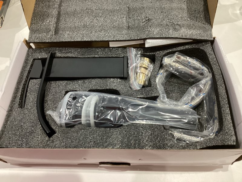 Condition photo showing Good Condition for sagetta Waterfall Bathroom Sink Faucet Single Hole Black with Three Hole Cover Deck Plate, Pop up Drain and Water Hoses Stainless Steel Vanity 1 Black