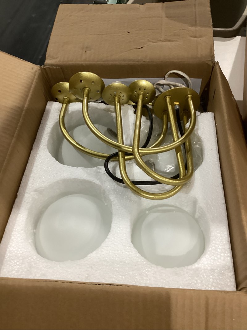 Condition photo showing Good Condition for 19" mid century arch chandelier, modern ceiling light fixtures with milk glass globe shades antique brass brush paint finish for dining room, kitchen island, foyer, living room 4-light