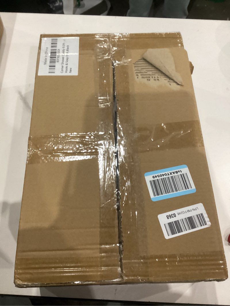 Condition photo showing New/Like New for Matte Black Tension Shower Caddy Corner Organizer, Rust-Proof Stainless Steel | 4 Deep Adjustable Shelves, Anti-Slip Tension Pole 34–114” | Hooks, Towel Bar & Soap Holder for Clean Modern Bathrooms