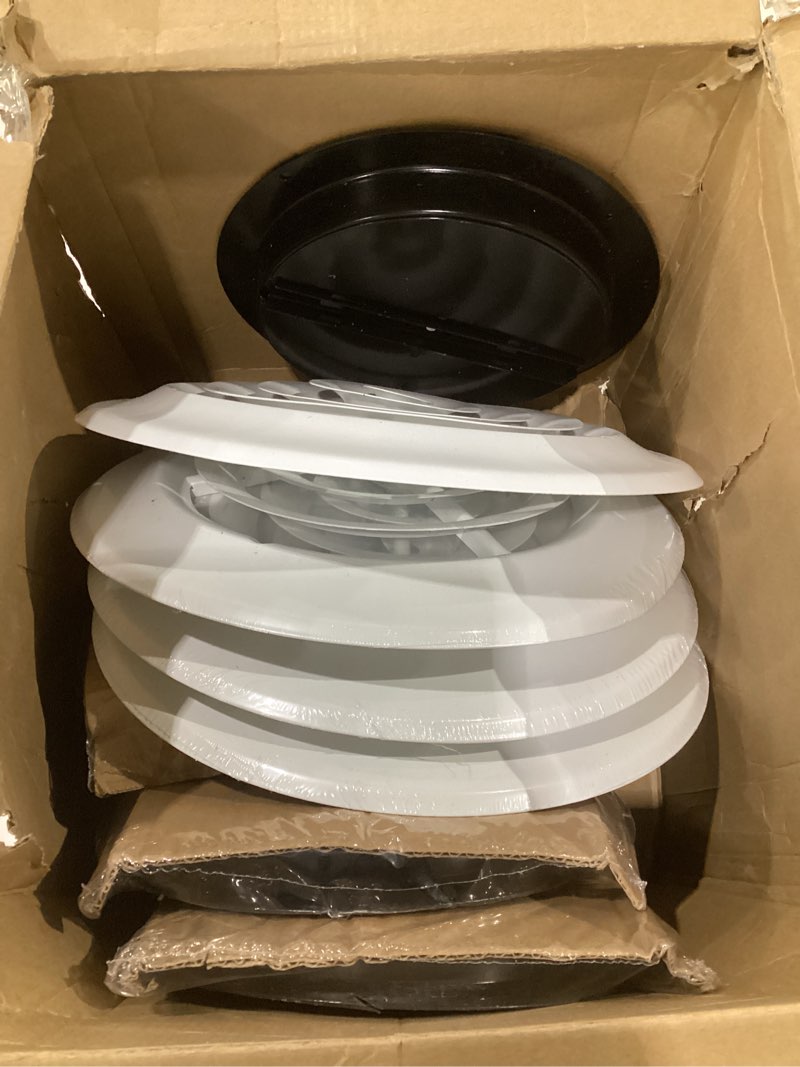 Condition photo showing Good Condition for therwen 4 pack 8 inch round vent cover ceiling diffuser hvac vent duct cover replacement with steel butterfly damper fitting in 8 inch duct, outer dimensions: 12" 8 inch white and black 4