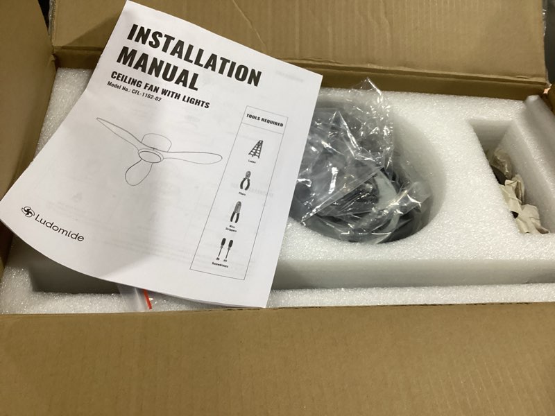 Condition photo showing Good Condition for 42 Inch Flush Mount Ceiling Fans with Lights and Remote Control, Black Low Profile Ceiling Fan for Bedroom, Living Room,Office,Kitchen,Patios Indoor and Outdoor Use