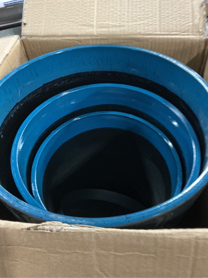 Condition photo showing As Is for qcqhdu 24, 21, 18 inch tall planters for outdoor plants, with drainage hole & saucer, set of 3 tall outdoor planter for indoor & outdoor plants, modern home decor blue