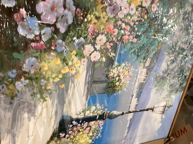 Condition photo showing New/Like New for Blue Coastal Wall Art Ocean Canvas Flowers Painting Landscape Sailboat Picture White Yellow Artwork Modern Seascape Large Framed for Living Room Bedroom Home Office Decor Size 20x40 Inches 40L" x 20W" sky blue