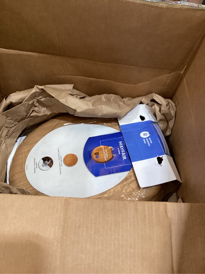 Condition photo showing As Is for mayfair natural oak veneer toilet seat with chrome hinges, round, wood