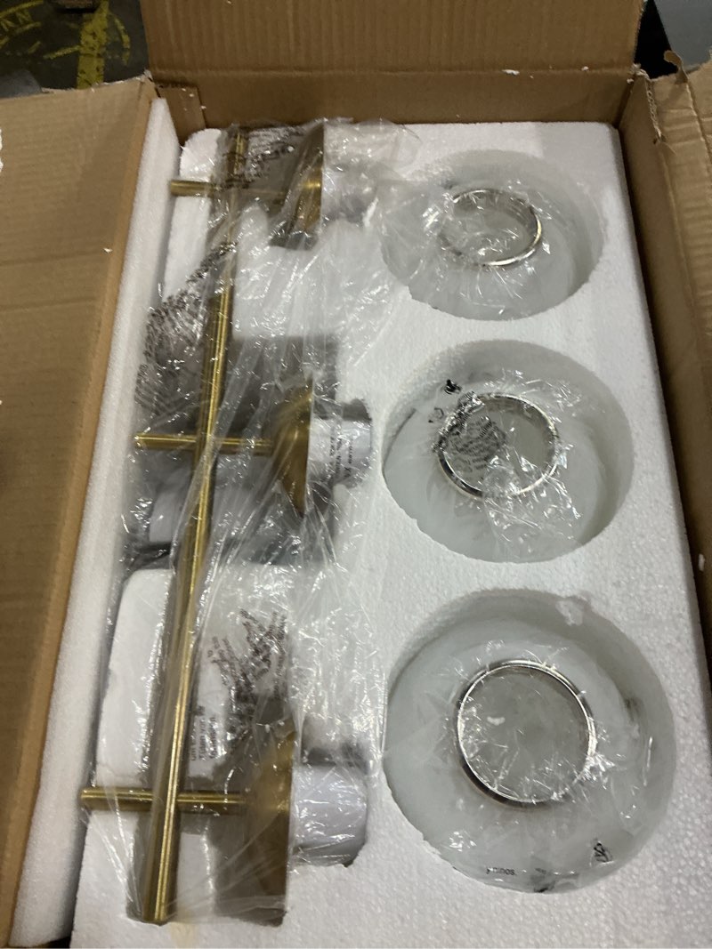 Condition photo showing New/Like New for Gold Bathroom Light Fixtures, 3-Light Bathroom Vanity Light Over Mirror, Modern Vanity Lighting Fixtures with Milky White Globe Glass Shade, 22.4 inch Wall Sconce Light (Exclude E26 Bulb) Gold 3-Light
