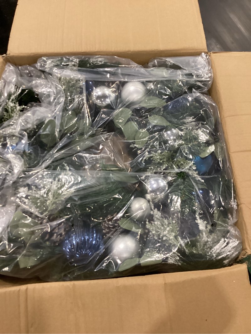 Condition photo showing New/Like New for wanna-cul pre-lit 30 inch large christmas wreath for front door with 50 led lights, silver blue lighted christmas door wreath decor with ball ornaments,pine cones, battery operated 01-sliver blue
