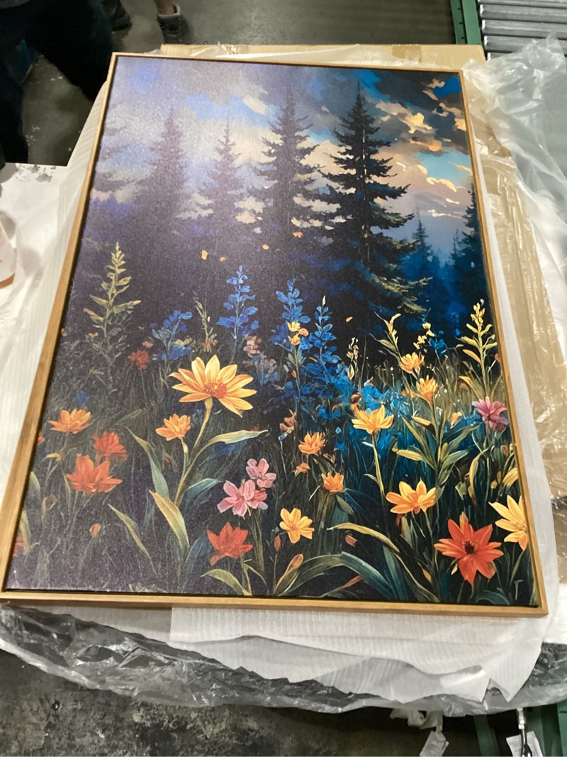 Condition photo showing New/Like New for Large Nature Moon Wildflowers Framed Canvas Wall Art,Vintage Forest Flowers Wall Decor,Dark Mountain Night Wall Painting,Wilderness Artwork for Living Room,Bedroom,Dining Room,Office -24"x36"x3 Vintage Mountain Flower Wall Art 36"L x 24"W