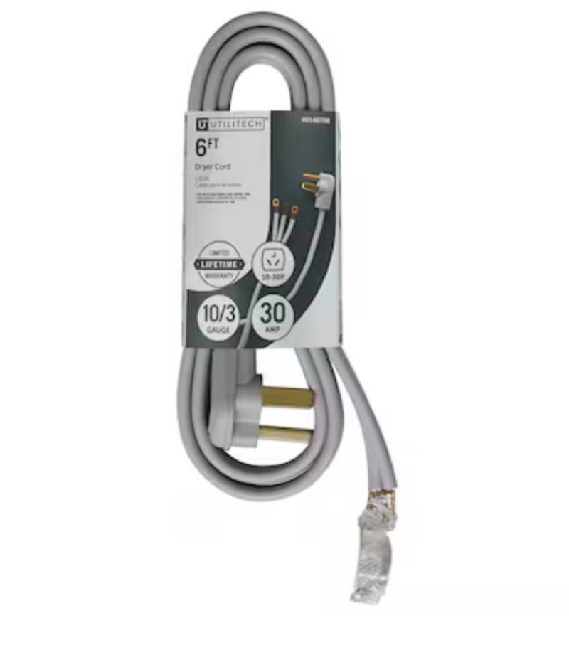  utilitech 6-ft 30 -amp 3 -prong gray dryer appliance power cord