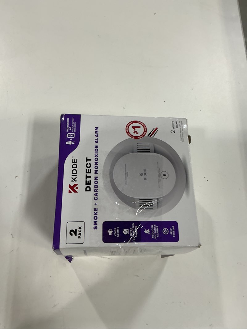 Condition photo showing New/Like New for kidde hardwired smoke & carbon monoxide detector, aa battery backup, voice alerts, interconnectable, led warning light indicators, 2 pack