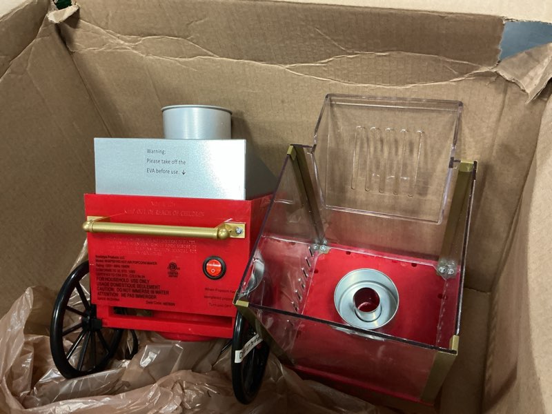 Condition photo showing Good Condition for nostalgia vintage hot-air popcorn maker machine - makes up to 12 cups - oil-free - healthier popcorn - classic stand-up cart with wheels - includes kernel measuring cup - red hot air vintage red