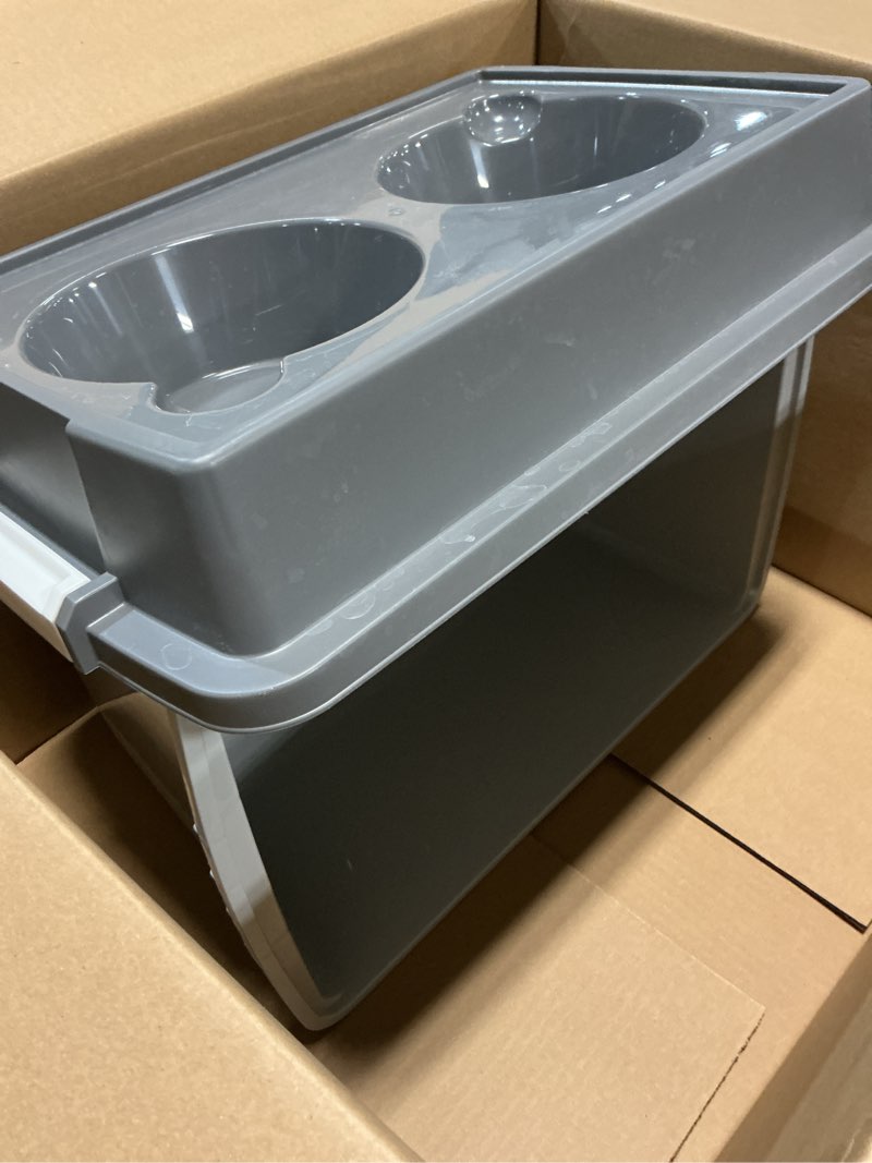Condition photo showing Good Condition for IRIS USA Elevated Dog Bowls, 15" H Raised Bowl for Large Dogs, Airtight Pet Food Storage Holds Up to 47 Lbs, 2 Removable 64 oz Stainless Steel Bowls, at Home or Camping, Dark Gray Large - 15"H w/ 2 Bowls Dark Gray