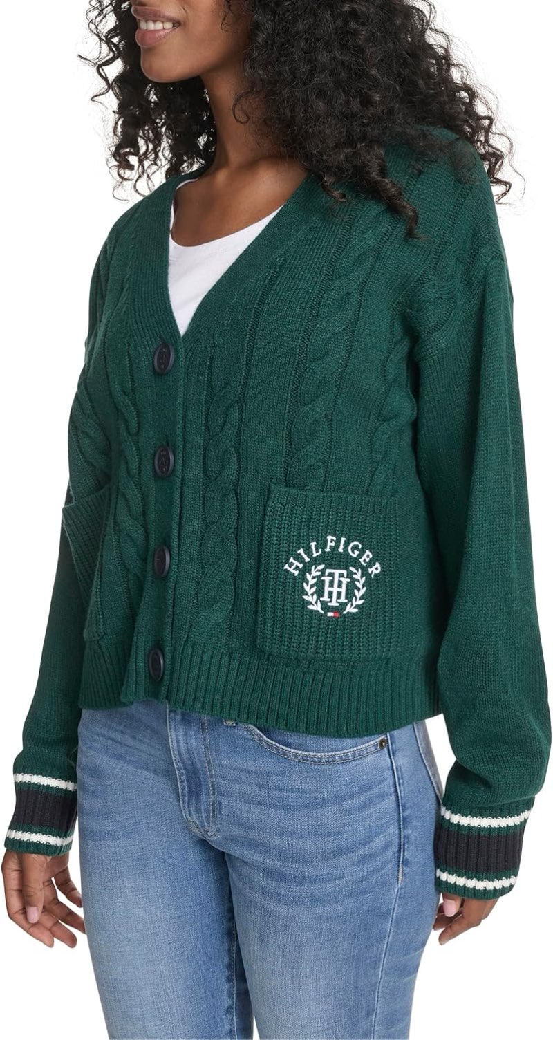 tommy hilfiger womens boxy varsity cable cardigan (large)