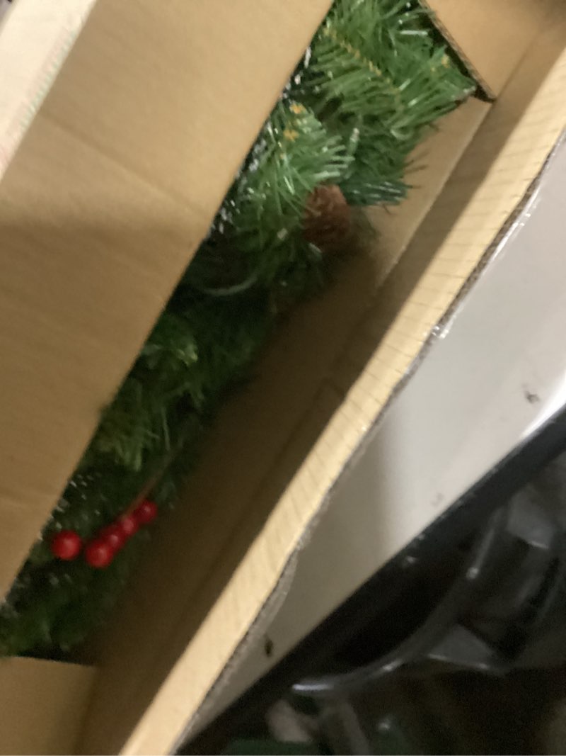 Condition photo showing As Is for National Tree Company 30 in Pre-Lit Crestwood Spruce Artificial Christmas Wreath, Christmas Decoration with Glitter, Pinecones, Red Berries, 70 Clear LED Lights, 200 Tips, Timer, Green 30 in Battery-Operated Wreath