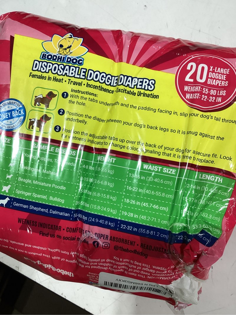 Condition photo showing As Is for bodhi dog disposable female dog diapers - super absorbent dog diapers for female heat cycle - adjustable fit pee wraps for potty training, moisture control & wetness indicator - extra large (20 count) x-large (pack of 20)