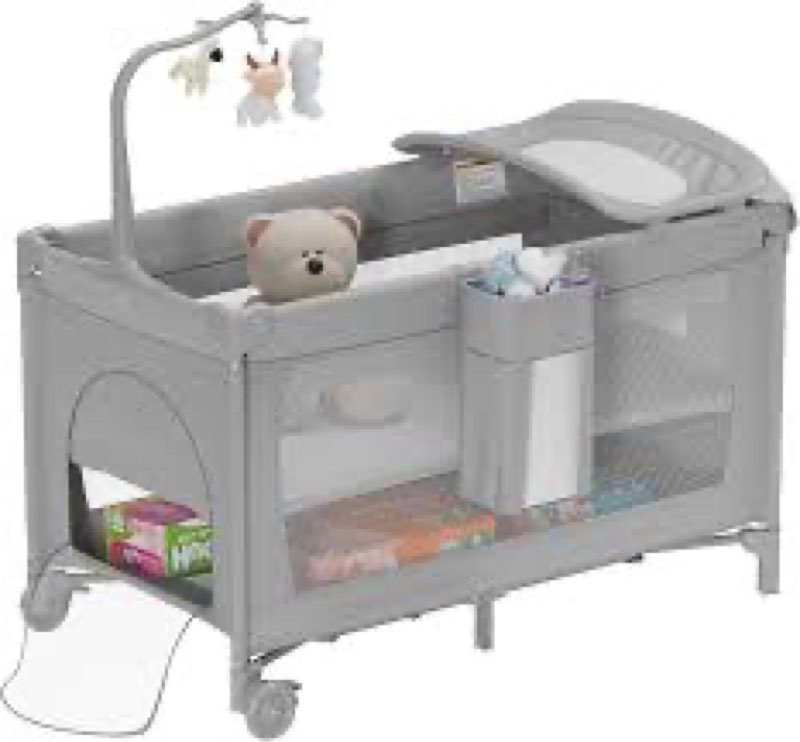Large Pack and Play, Baby Bed Portable Crib with Diaper Changing Table Mattress Hanging Toys & Decor