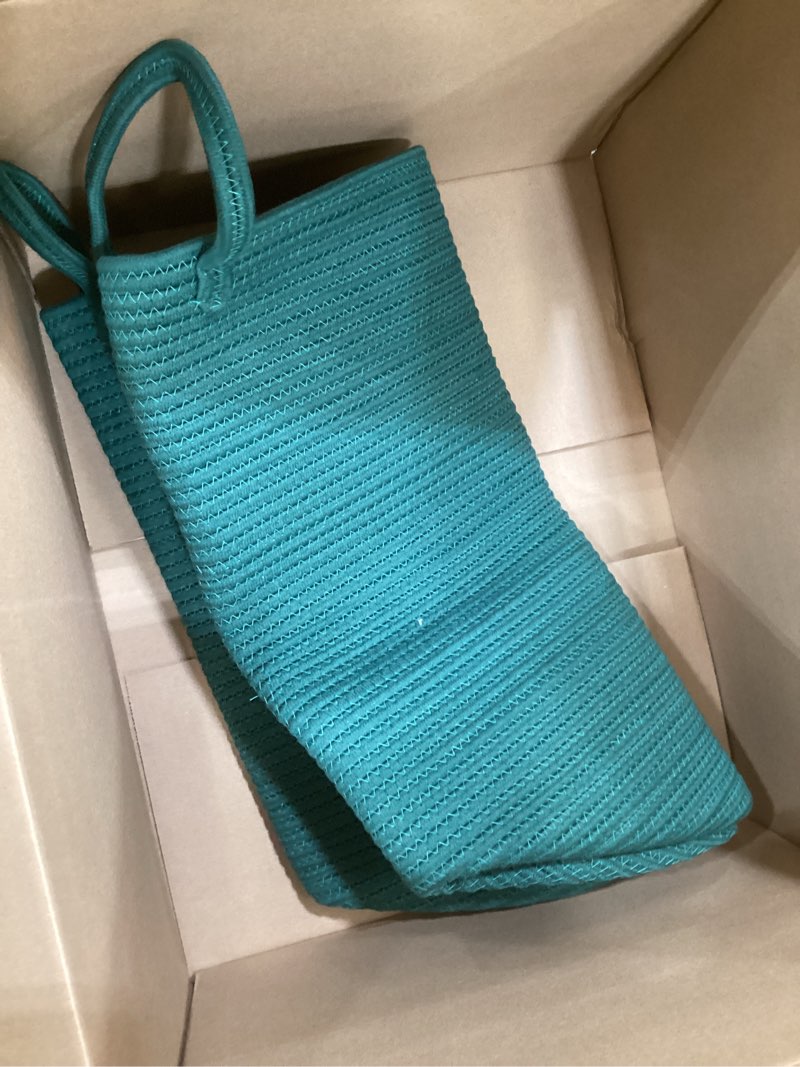 Condition photo showing Good Condition for 60L Large Woven Laundry Basket Hamper, 100% Natural Cotton Rope, Handwoven & Durable, Storage for Blankets, Toys, Clothes, Decorative Nursery Hamper for Living Room, Baby Room, Bedroom (Dark Green) Dark Green 60L