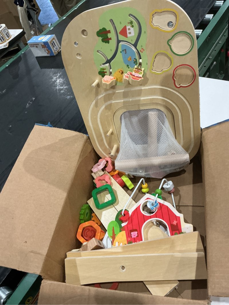 Condition photo showing As Is for Activity Table for 1 Year Old, Baby Wooden Sensory Table with Bead Maze Shape Sorter Train Track for Toddler, Farm Montessori Toy Activity Center Educational Learning Toys for Kids 12+ Months