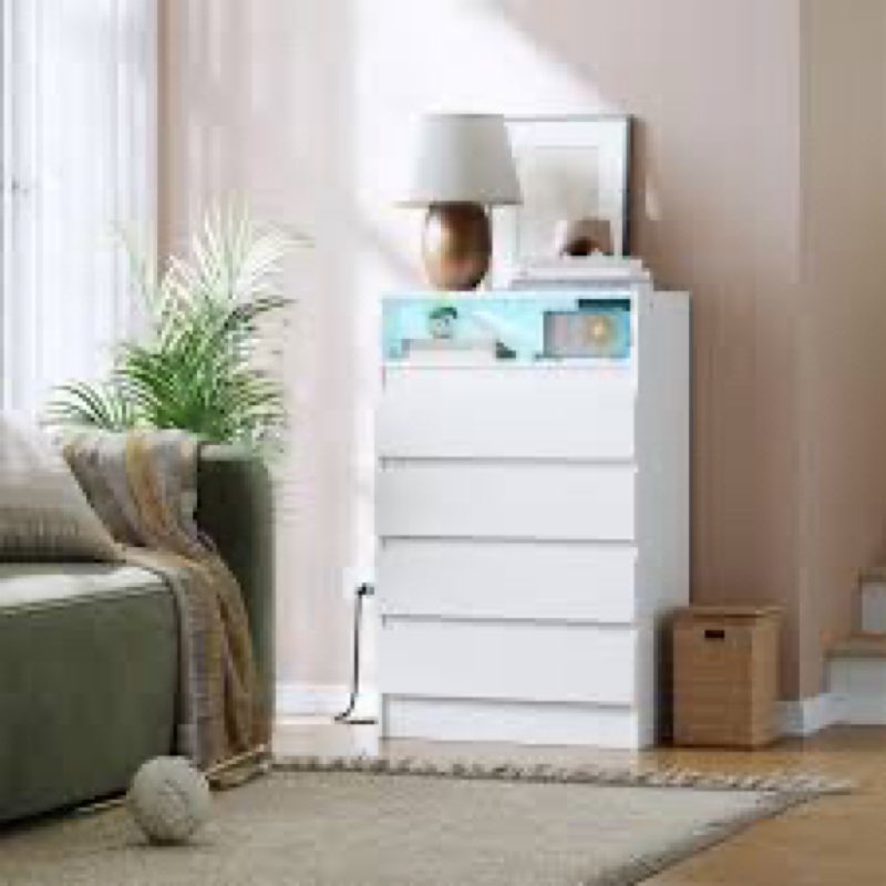 Incomplete 4 Drawers Dresser with LED Lights, Wood Chest of Drawers with Power Outlet, Modern Dresser Organizer