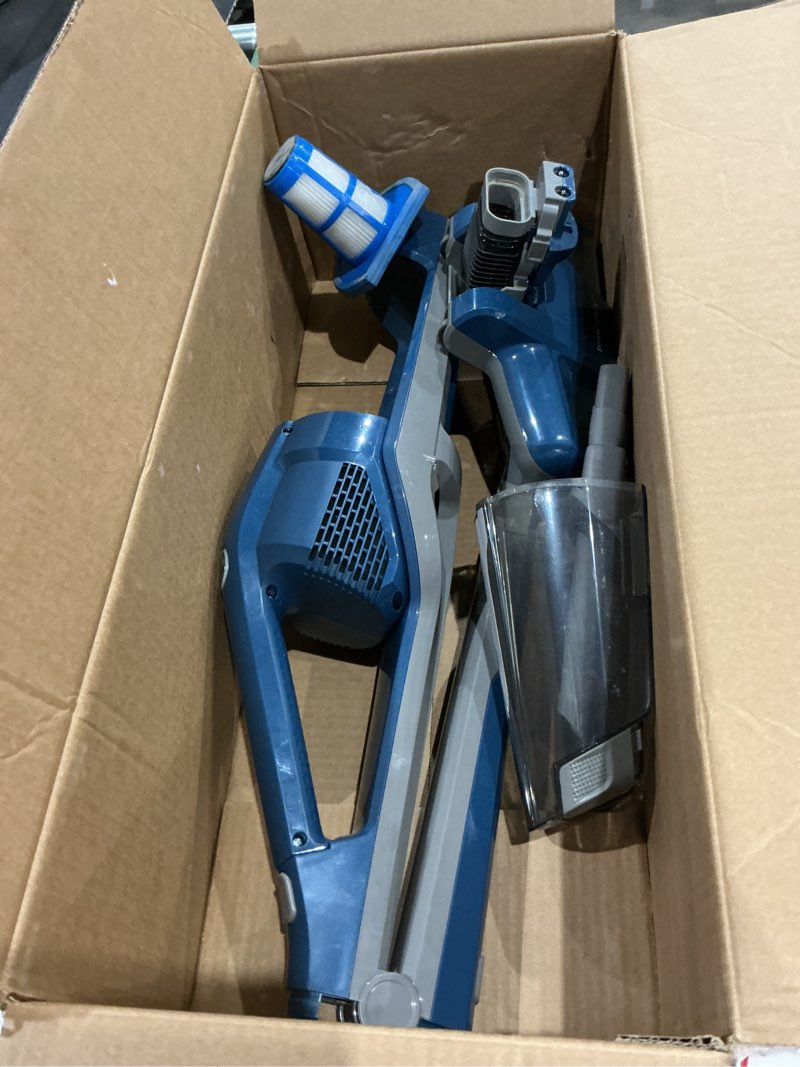 Condition photo showing As Is for vacmaster portable 10.8v 2-in-1 cordless stick lightweight vacuum cleaner with 2-speed power control and led headlight for hardwood floor, carpet & pet hair, blue
