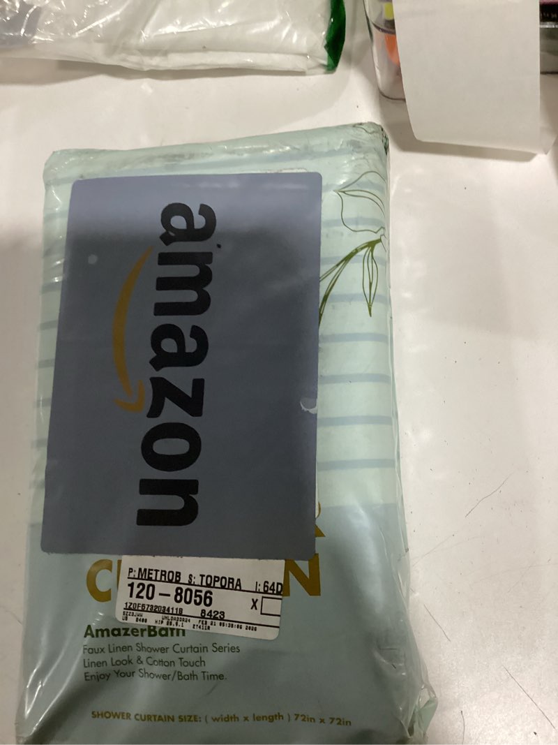 Condition photo showing Good Condition for amazerbath boho shower curtain, modern farmhouse shower curtain set with tassels, rustic faux linen navy blue striped shower curtain with hooks, light tan toned, 72x72 inches stripe navy blue