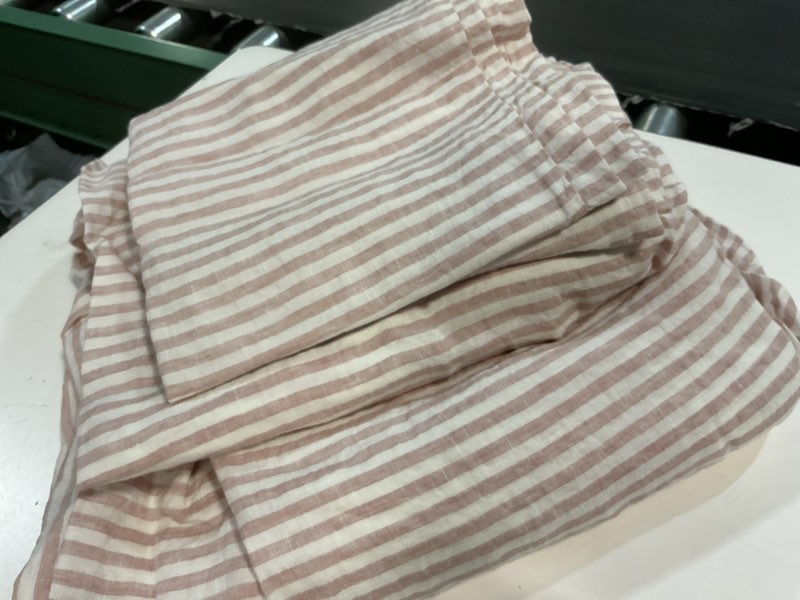 Condition photo showing Good Condition for european linen fitted sheet set, queen, dusty mauve/white stripe