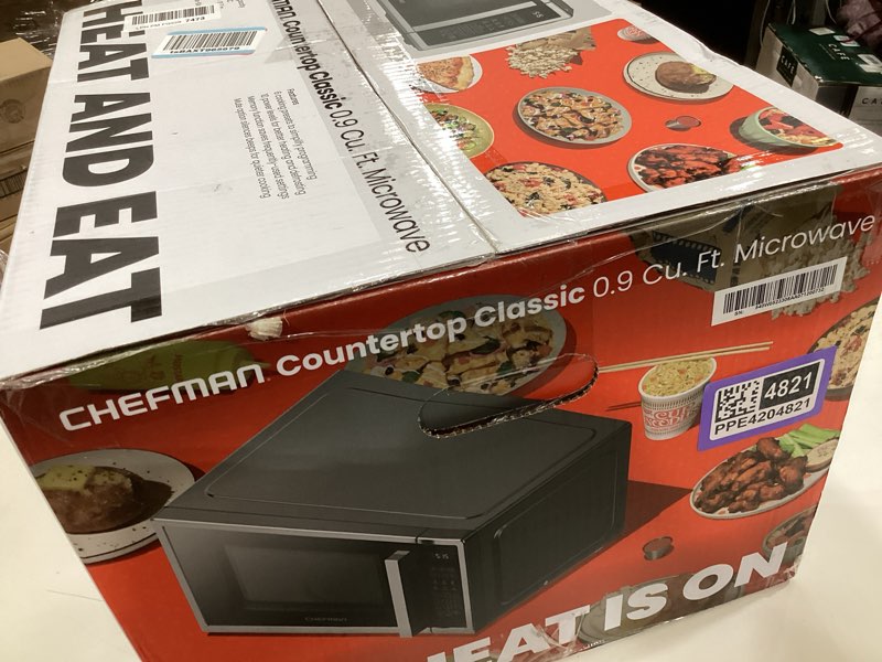 Condition photo showing Good Condition for chefman countertop microwave oven 0.9 cu. ft. digital stainless steel microwave 900 watt with 6 presets, eco mode, mute option, memory function, child safety lock, kitchen, home, dorm essentials