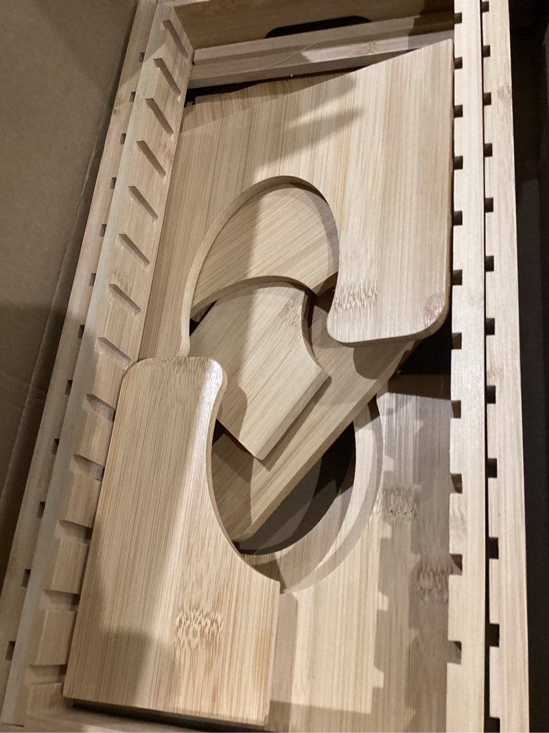 Condition photo showing Good Condition for Bamboo Pots and Pans Organizer under Cabinet, Expandable Pot lid Holder Rack and cutting board organizer, Adjustable Bakeware Cookie Sheet Tray for Kitchen Storage