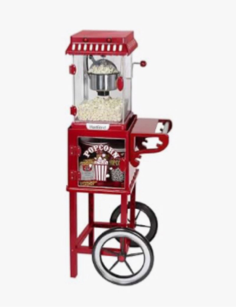 West Bend PCMC20RD13 Wheeled Popcorn Cart with Non-Stick Stainless Steel Popcorn Kettle, Storage Shelf, and Popcorn Scoop for Popcorn Machine, 10 Cup, Red