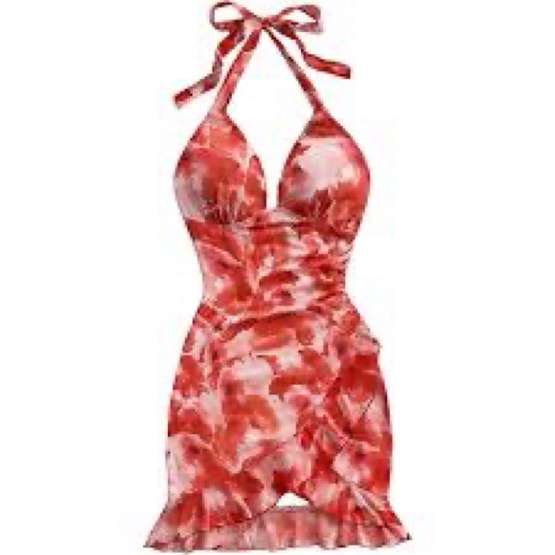 MakeMeChic Women's Summer Mini Dress Tie Dye Halter Backless Ruffle Trim Bodycon Sundress Multicolor