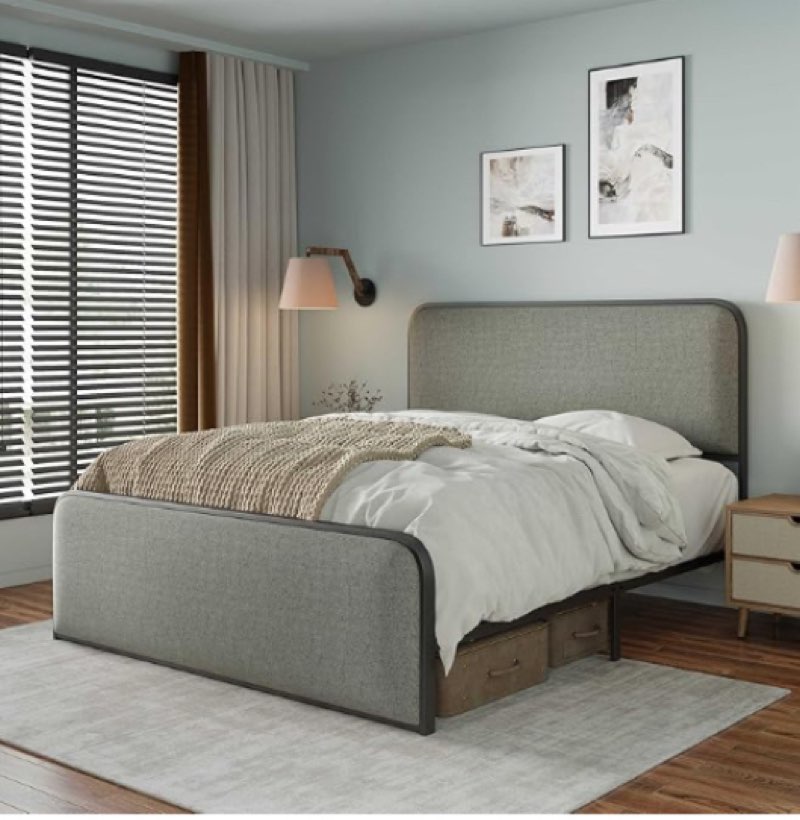 WasaFire Modern Metal Bed Frame with Curved Upholstered Headboard and Footboard Bed with Under Bed Storage Heavy Duty Metal Slats Grey (Queen (U.S. Standard))
