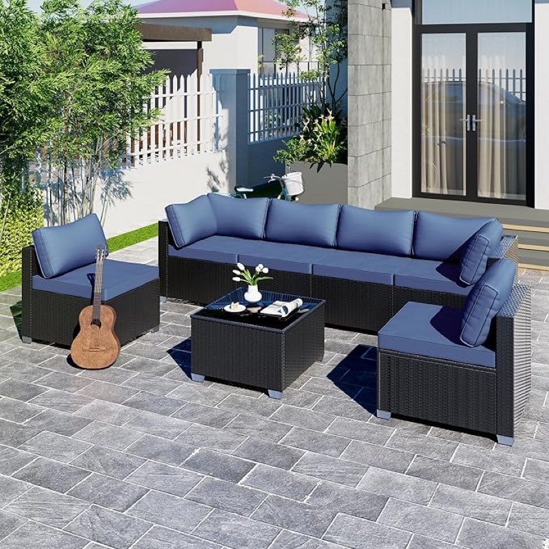 7-Piece Outdoor Patio Sectional Sofa Set – PE Wicker Rattan Conversation Furniture with Coffee Table, Cushions & Clips, Modular Patio Couch for Porch, Poolside, Backyard, Garden – Black Rattan ( incomplete box 3 of 3 ) 