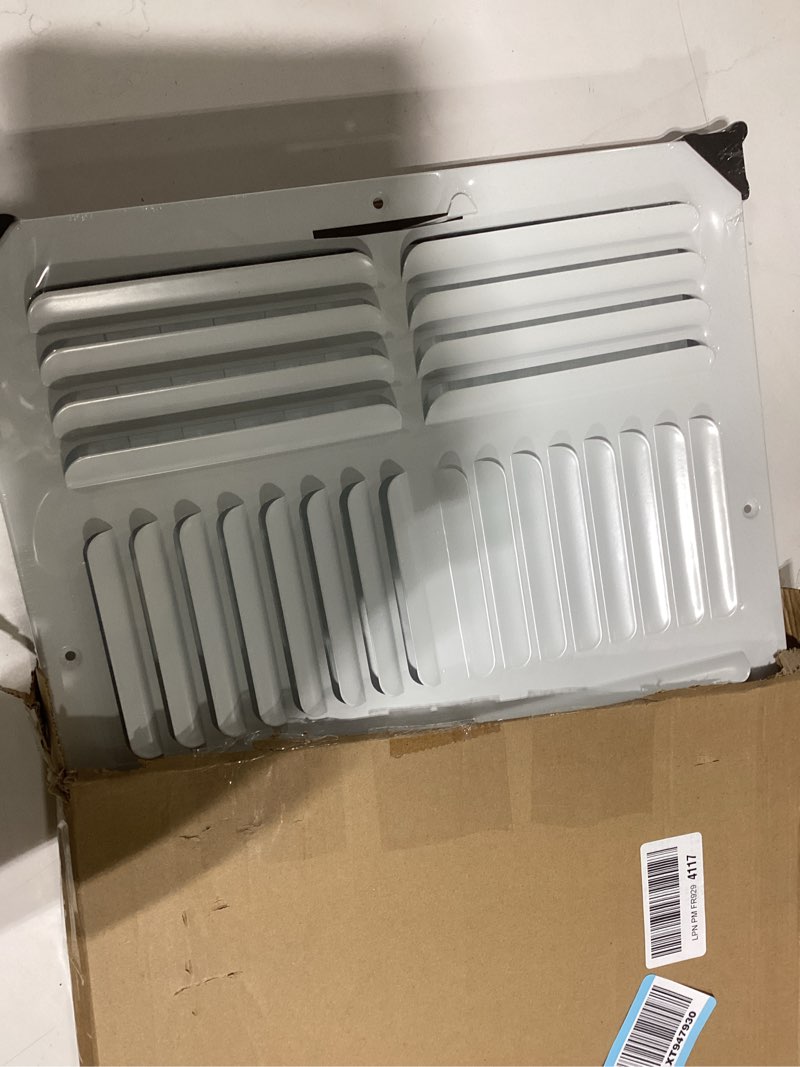 Condition photo showing New/Like New for hvac premium 14"w x 14"h [duct opening] 4-way fixed curved blade air supply diffuser register vent cover grille [outer dimensions: 15.75"w x 15.75"h]