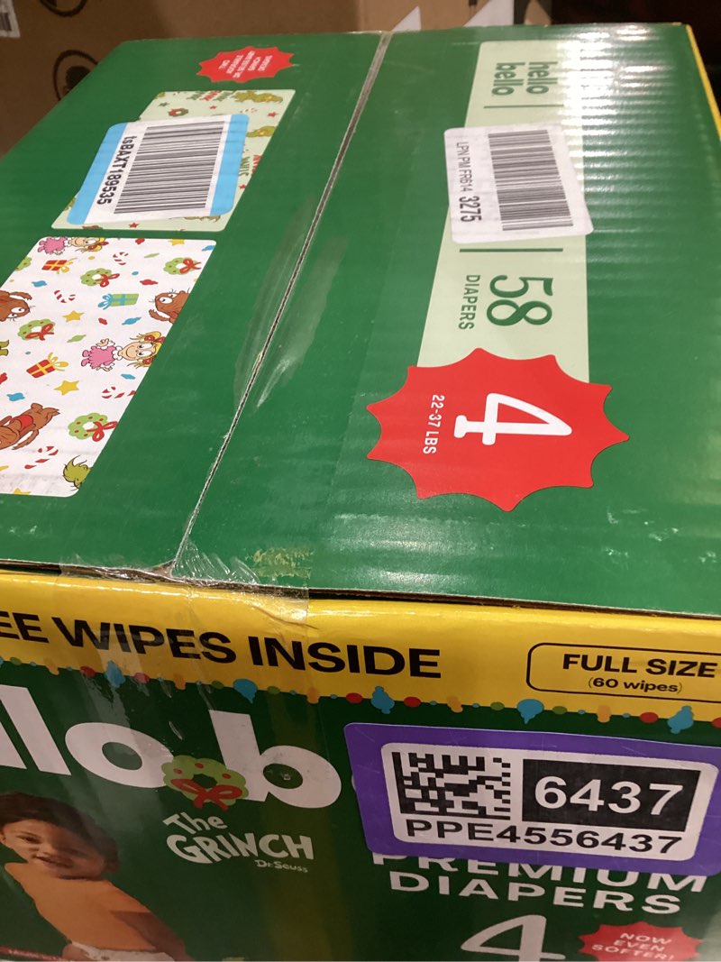 Condition photo showing New/Like New for Hello Bello Dr. Seuss Baby Grinch Premium Diapers, Size 4 (22-37 lbs), 58ct Plus Bonus Wipes: Softness & Protection for Sensitive Skin