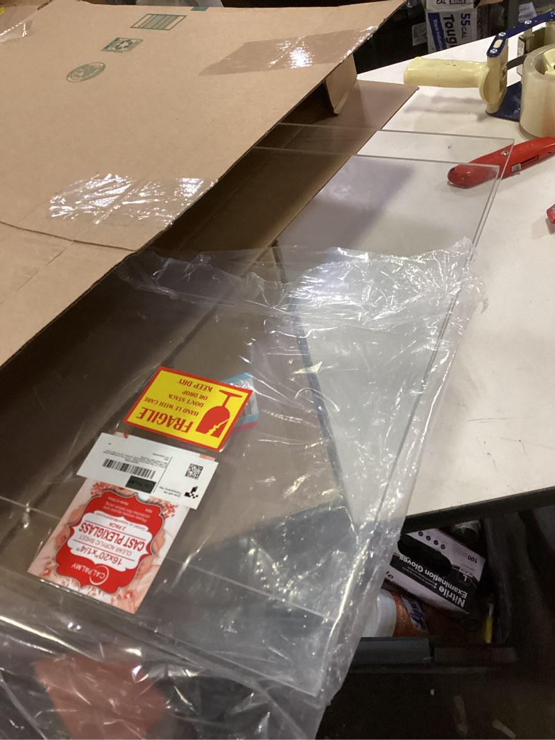Condition photo showing Good Condition for CALPALMY (2 Pack) 1/4" Thick Clear Acrylic Sheets - 16 x 20 Pre-Cut Plexiglass Sheets for Craft Projects, Signs, Display Cases, Sneeze Guard, and More - Cut with Engraver, Power Saw or Hand Tools 16x20", 1/4" Thick Clear 2